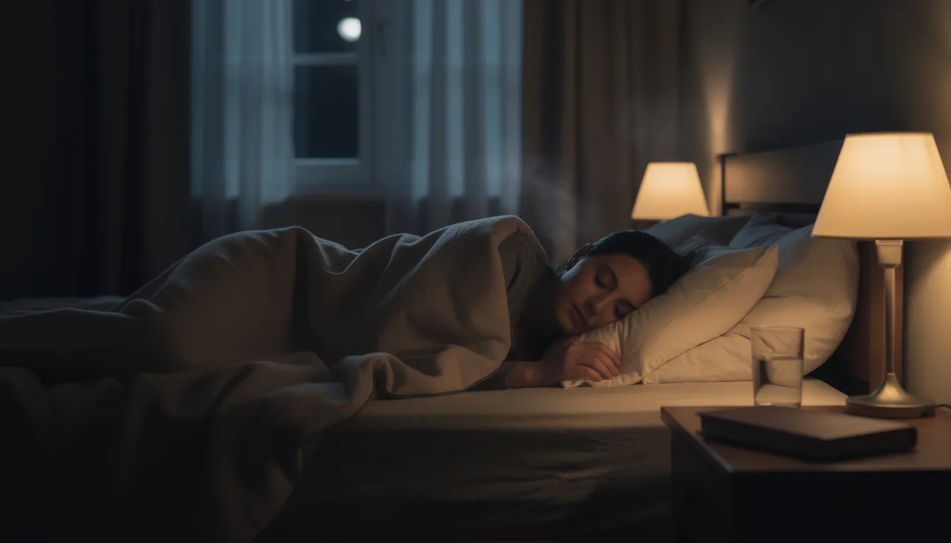 A person is sleeping peacefully in a dimly lit bedroom, surrounded by soft lighting that creates a serene atmosphere. This tranquil scene reflects the importance of healthy habits and mental health in a weight loss journey.