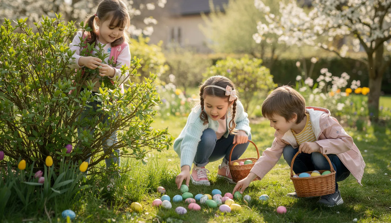 Na obrazku widzimy dzieci bawiące się w ogrodzie, które z radością szukają kolorowych pisanek ukrytych w trawie i krzakach. To wspaniała scena związana z obchodami świąt wielkanocnych, która przypomina o tradycji poszukiwania wielkanocnych upominków.