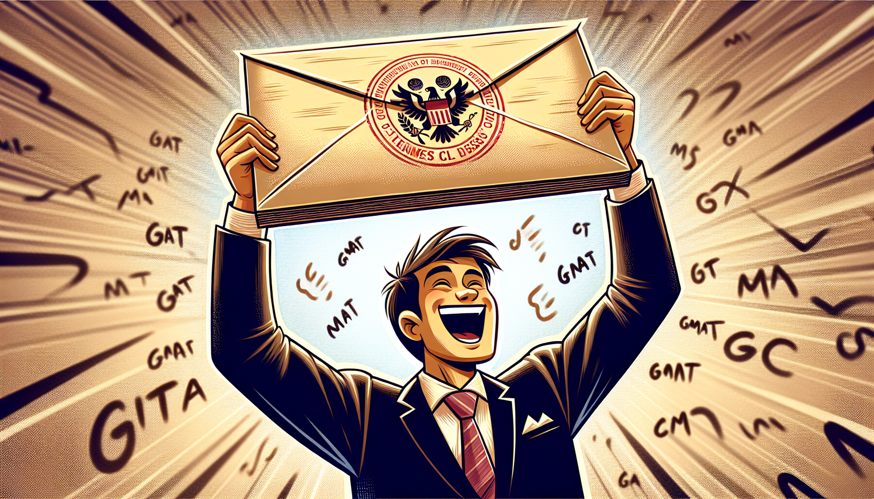 Cartoon of a person receiving an acceptance letter from a business school