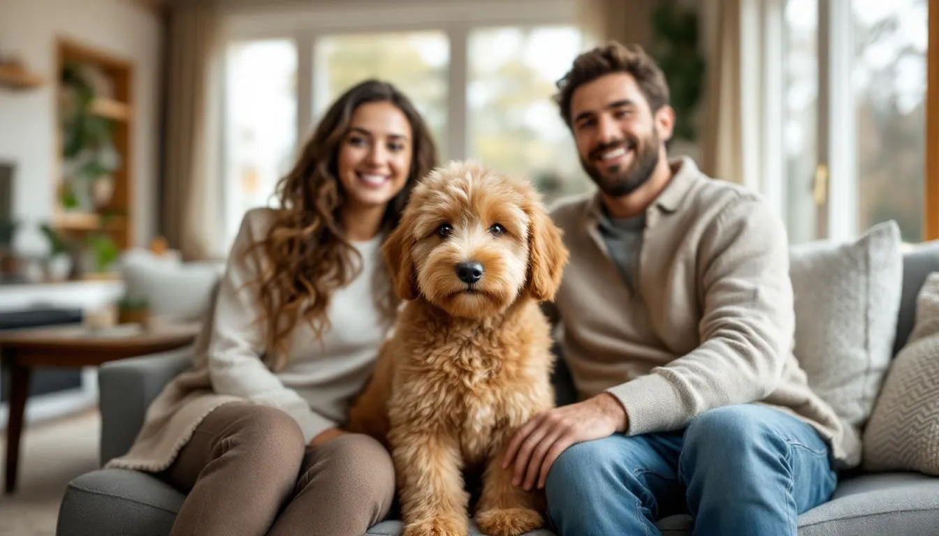 A mini goldendoodle sits comfortably with a family in a cozy living room, showcasing its compact size and teddy bear-like appearance, embodying the friendly and affectionate nature typical of this hybrid breed. The scene highlights the dog as a beloved family pet, perfect for first-time dog owners.