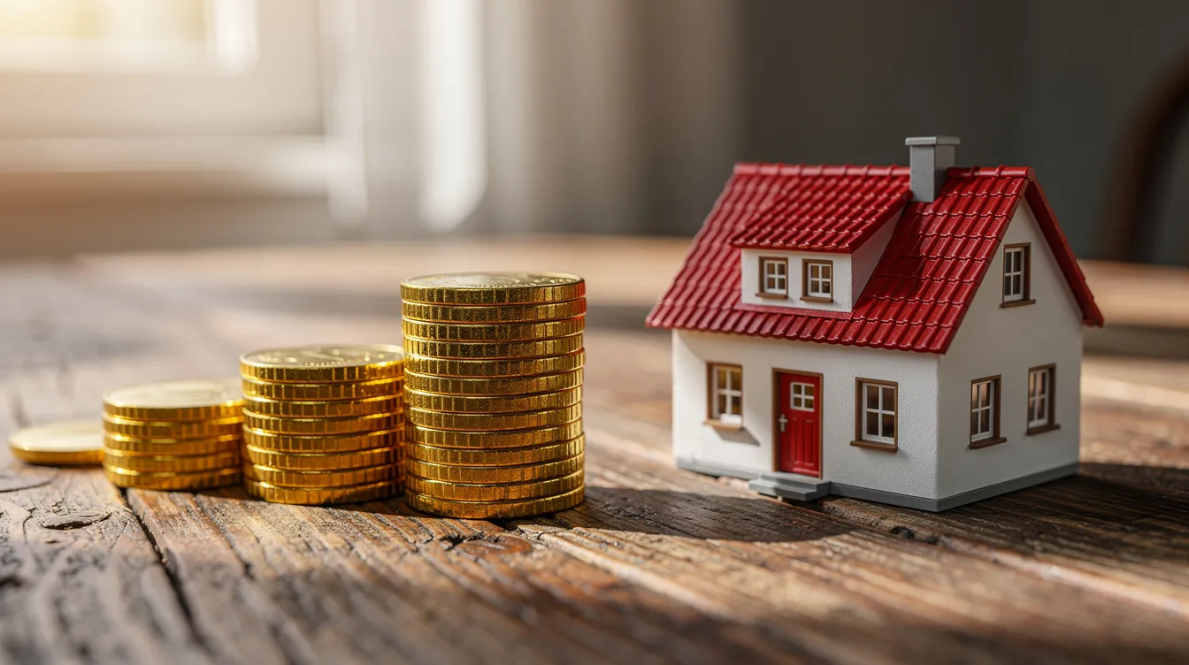 The image features a stack of shiny gold coins placed next to a small model house, all set on a wooden table, symbolizing investment property and the potential for hard money lending in real estate. This visual representation highlights the financial aspects of asset-based lending and the appeal of using hard money loans for real estate investors.