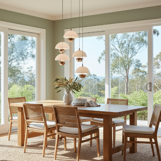A cluster of pendant lights hanging above a wooden dining table, with a vase and books on the table, set in a bright dining room with large windows offering a view of greenery.
