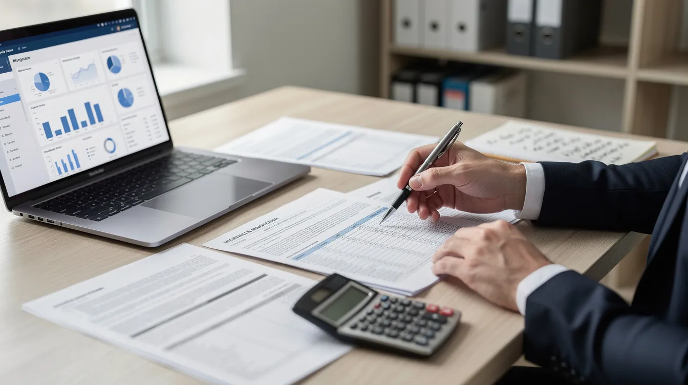 A person is seated at a desk, intently reviewing property documents and financial calculations on a laptop, focusing on the debt service coverage ratio and rental income for investment properties. This scene highlights the diligence of real estate investors as they assess the cash flow and financial viability of potential Hawaii rental properties.