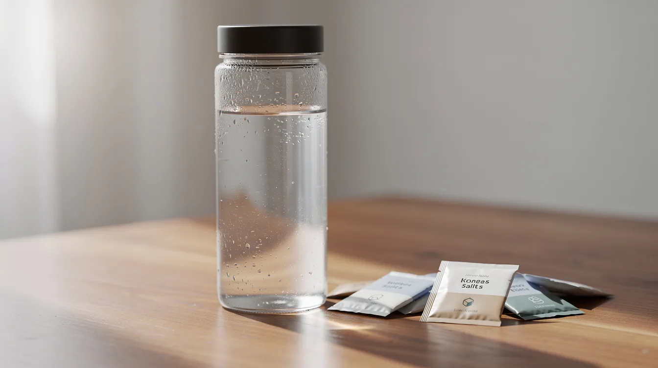 A glass water bottle filled with clear water sits on a wooden surface, accompanied by mineral salt and electrolyte packets, highlighting the importance of hydration during sauna sessions, especially when combining fasting and sauna for optimal health benefits. This setup emphasizes the need for proper electrolyte management to support metabolic health and overall wellness.