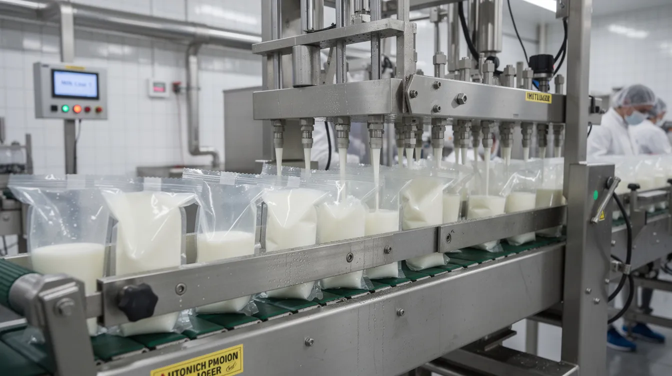 The image shows an automatic milk pouch packing machine efficiently filling and sealing pouches on a production line within a dairy processing plant. This dairy equipment is designed to enhance the packaging of fresh milk, ensuring compliance with food safety standards and industry standards for quality products.