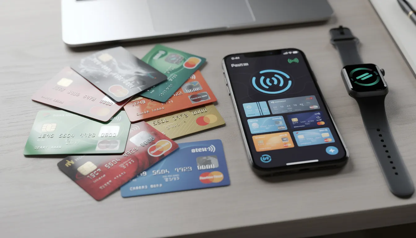 L'immagine mostra una scrivania con varie carte di credito e portafogli elettronici disposti in modo ordinato. Questi strumenti sono essenziali per gli utenti dei siti di scommesse senza limiti, facilitando le puntate e le vincite nel mondo delle scommesse sportive.