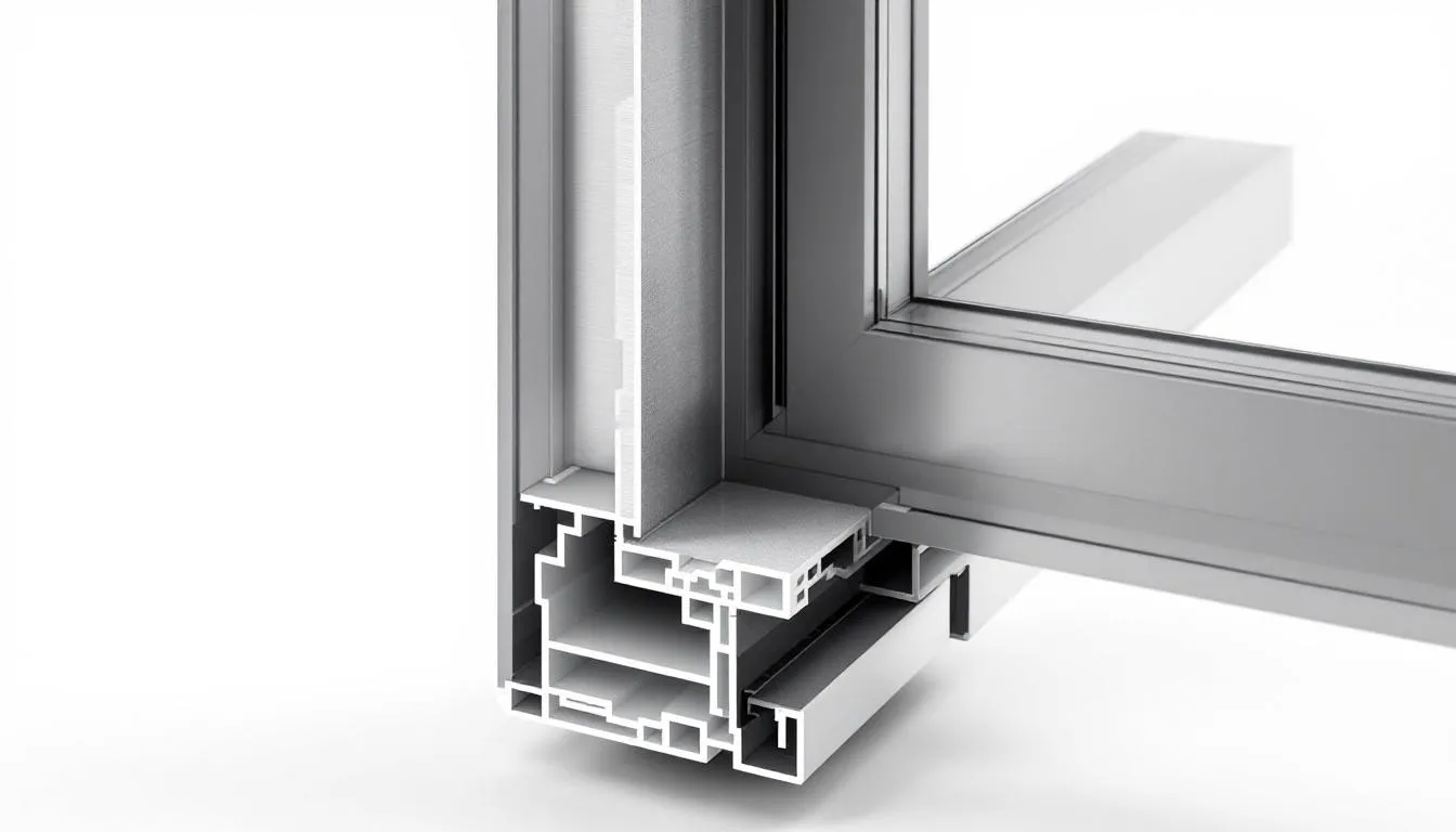 Een doorsnede van een aluminium raamkozijn toont de innovatieve thermische onderbrekingstechnologie, die zorgt voor uitstekende thermische isolatie en energie-efficiëntie. Deze hoogwaardige aluminium kozijnen zijn ontworpen voor zowel commerciële toepassingen als particuliere woningen, en bieden een uitstekende service en kwaliteit.