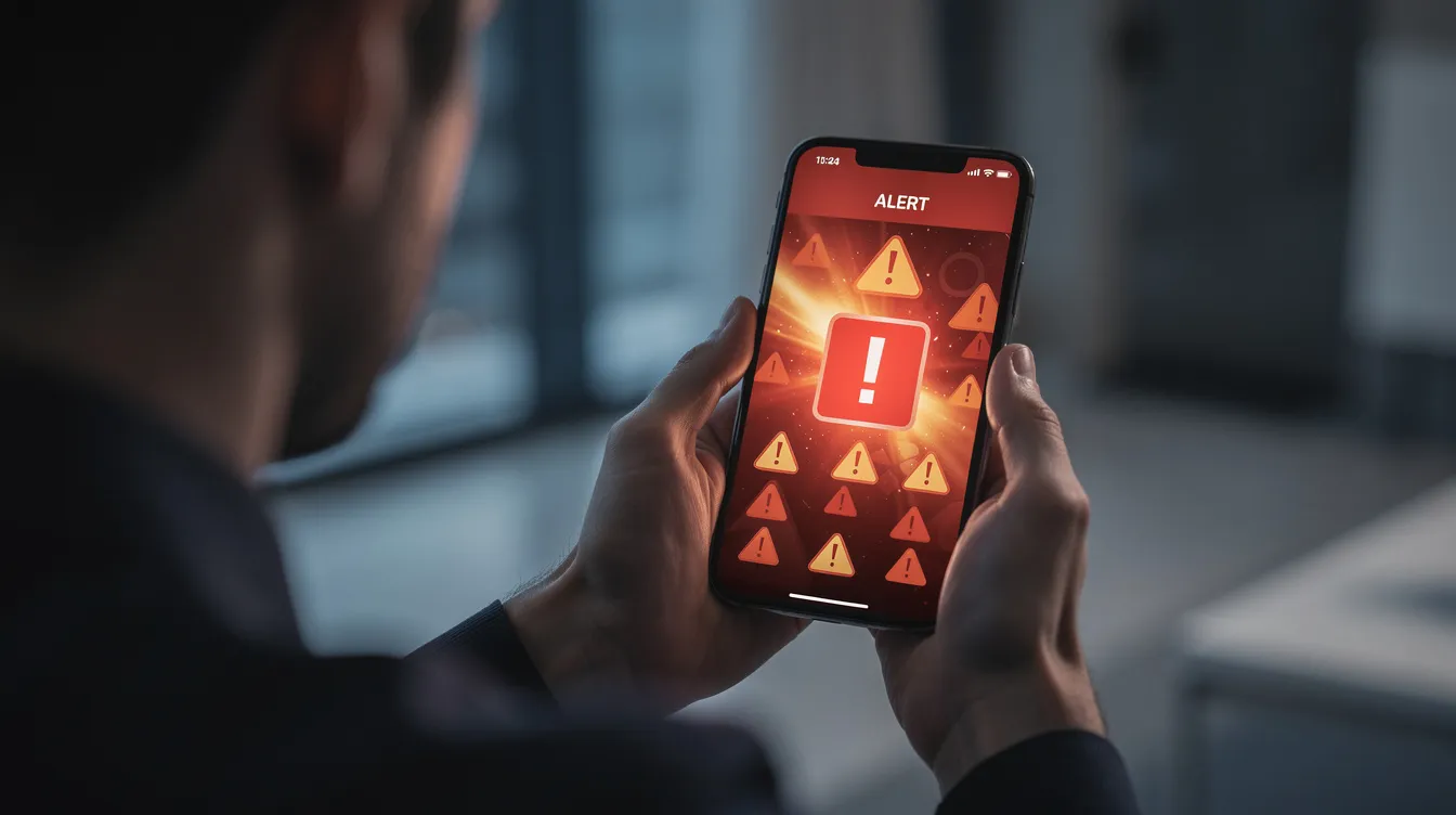 The image shows a person intently looking at a smartphone screen displaying several warning notification icons and a prominent red alert symbol, indicating potential risks such as scams or data breaches. This visual suggests the importance of being vigilant against fraud, particularly regarding personal information and the security of WhatsApp accounts.