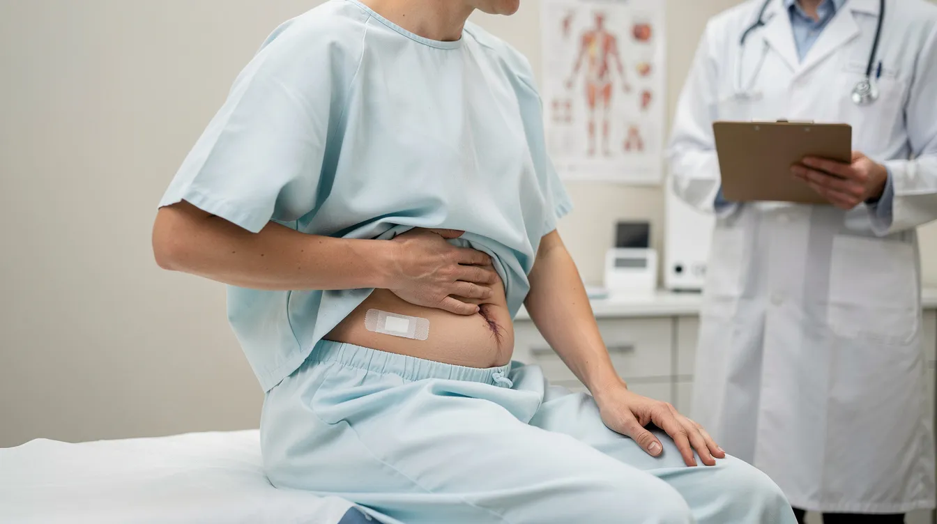 The image shows a person gently touching their midsection during a postoperative checkup, possibly assessing for signs of scar tissue formation and developing fibrosis after liposuction. This moment highlights the importance of post-operative care instructions, including lymphatic drainage massage to support healing and manage any discomfort.