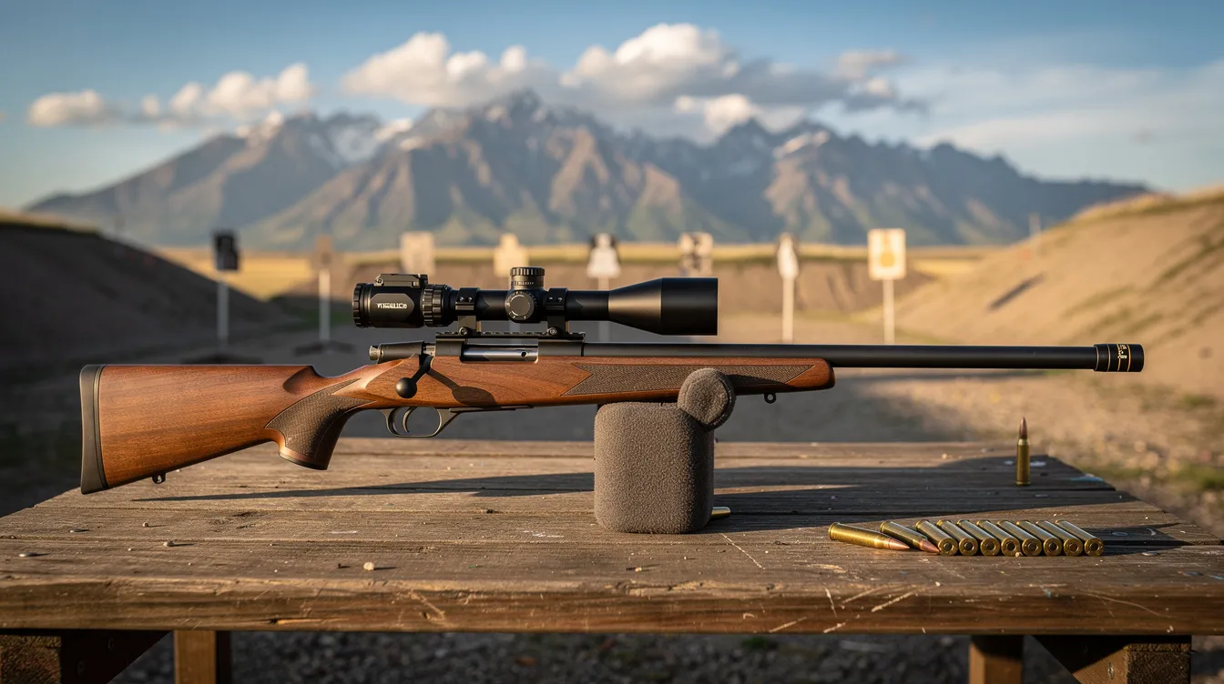 A hunting rifle, specifically a Ruger model, with a mounted scope is positioned on a shooting bench at an outdoor range, surrounded by stunning mountain scenery. The image captures the essence of outdoor shooting sports, emphasizing accuracy and the tranquility of nature.
