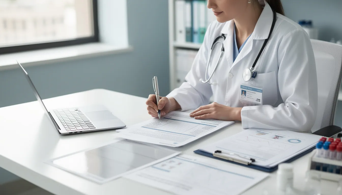 A medical professional is intently reviewing patient documentation, surrounded by files and medical records, highlighting the importance of accurate information in social security disability claims. This scene underscores the critical role of legal representation in navigating the complex process of obtaining social security disability benefits.