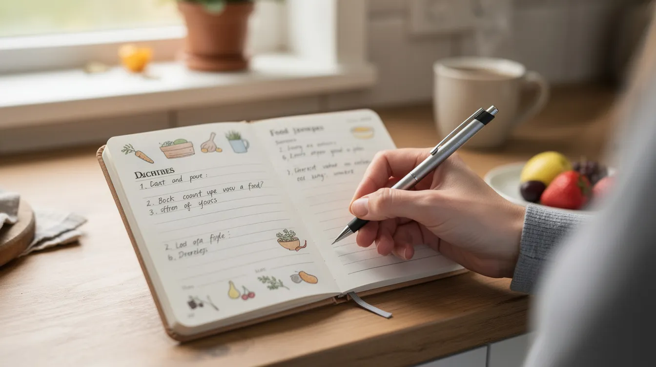 The image shows a person writing notes in a small food journal on a kitchen counter, reflecting their thoughts on appetite and food intake. This setting suggests a focus on appetite regulation, possibly influenced by factors like cannabis use or the effects of CBD oil on hunger.