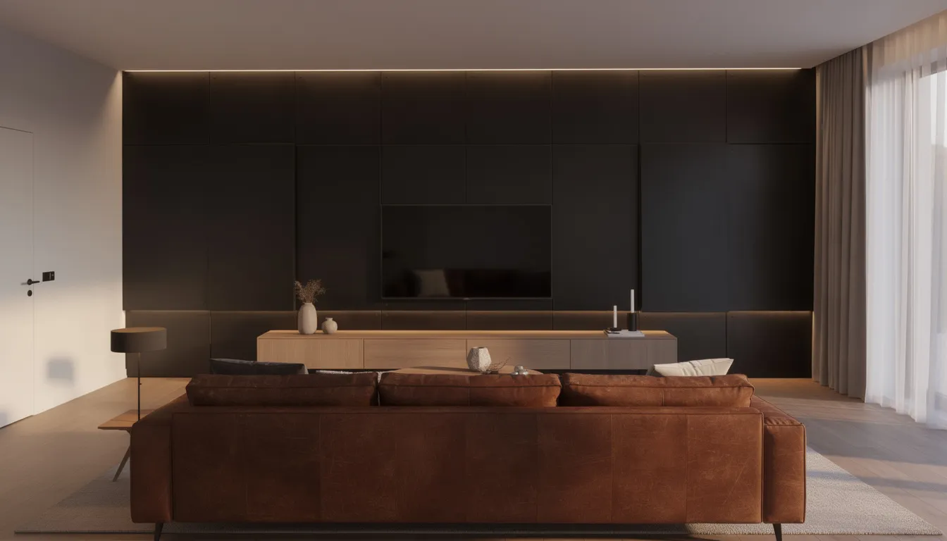 Een moderne woonkamer met matzwarte stalen wandpanelen die een strakke uitstraling geven, achter een houten tv-meubel. De warme sfeerverlichting en de leren bank zorgen voor een gezellige en uitnodigende sfeer in de ruimte.