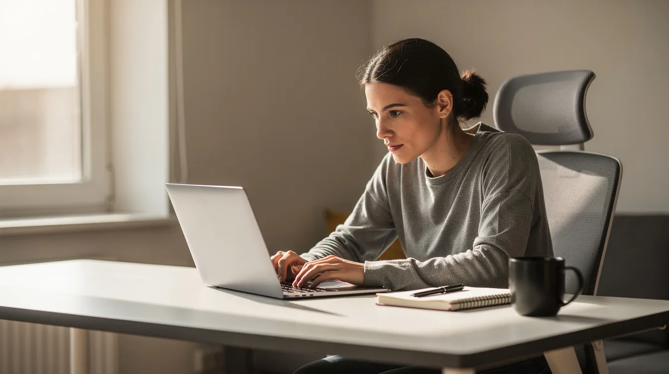 A person sits at a desk, focused on their laptop in a brightly lit environment, embodying productivity and mental clarity. This scene highlights the importance of cognitive function, perhaps enhanced by supplements like lion's mane mushroom extract, known for its potential health benefits for brain support.