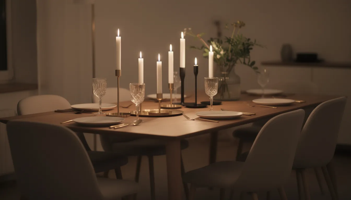 Ett elegant matsalsbord pryds av tända ljusstakar i olika höjder, vilket skapar en stämningsfull belysning. Ljusstakarna, tillverkade av mässing och silver, ger en vacker och varm atmosfär i rummet.