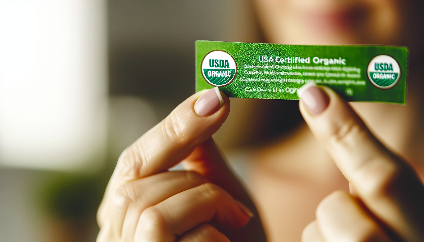 A hand holding a USDA Certified Organic label