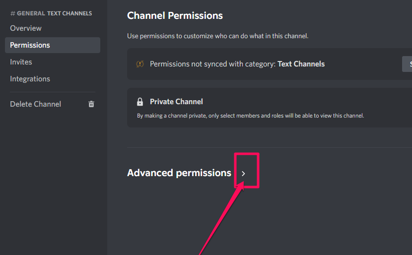 Screenshot illustrating the Advanced Permission tab's drop-down button on Discord