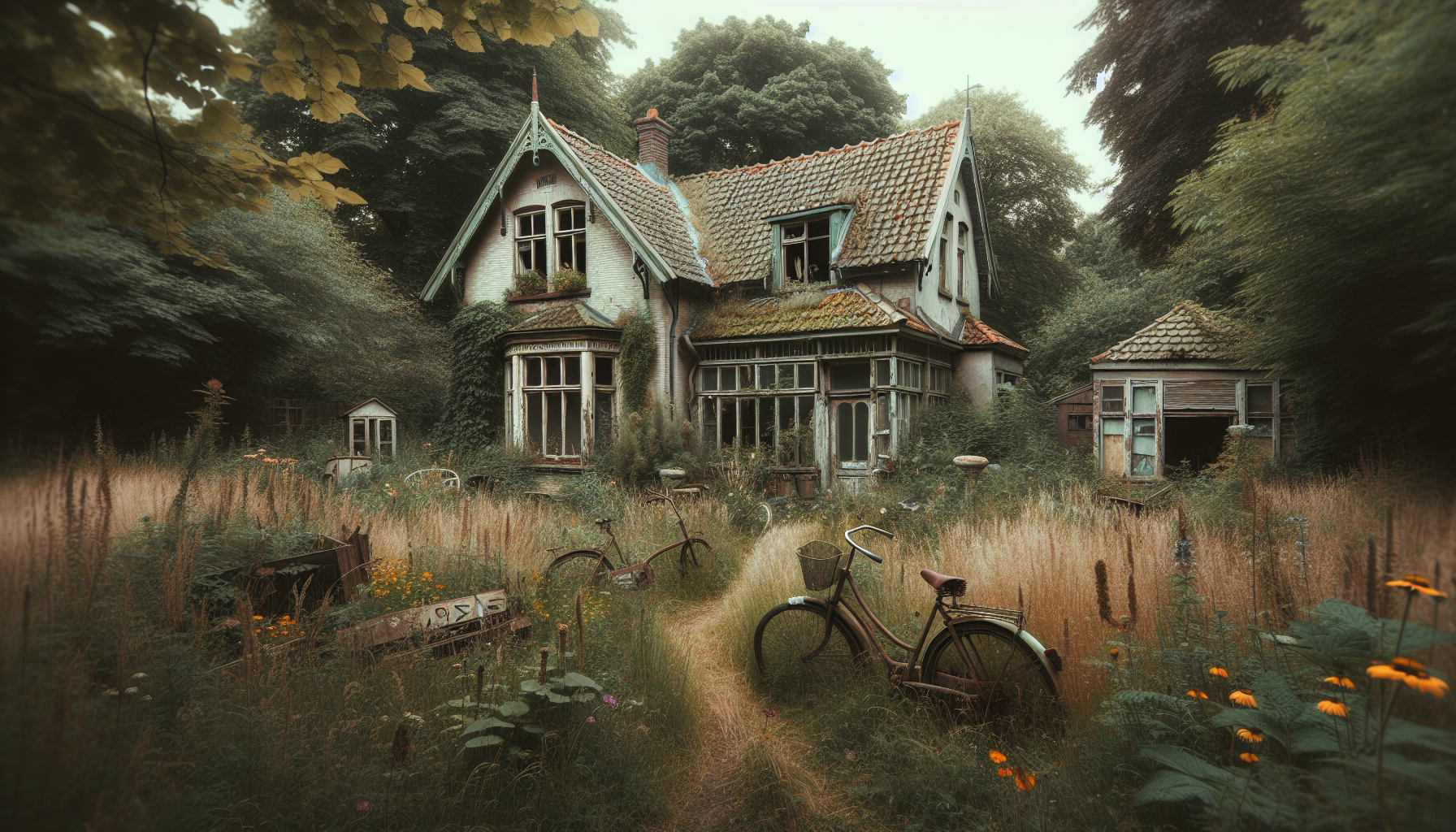 An illustration of a neglected property with overgrown yard and boarded-up windows