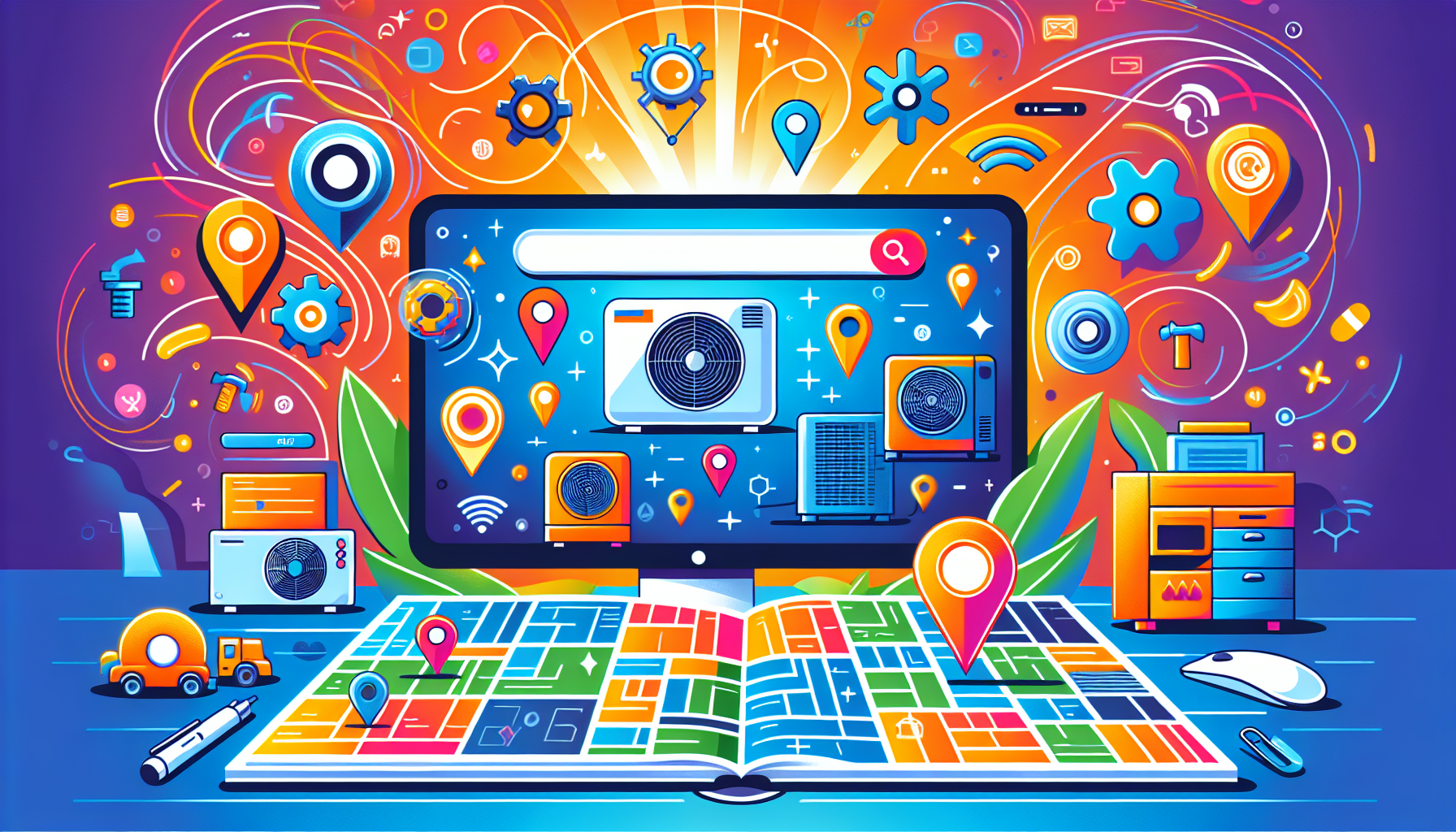 An illustration depicting local SEO for HVAC companies with various digital marketing elements.