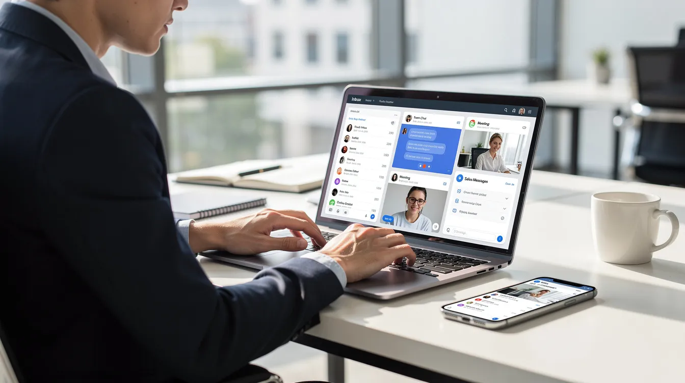The image depicts a sales professional seated at a desk, engaged in outreach efforts with a laptop and phone. Multiple communication apps are visible on the screen, illustrating a multi-channel approach to connect with potential customers through tailored messages and effective sales sequences.