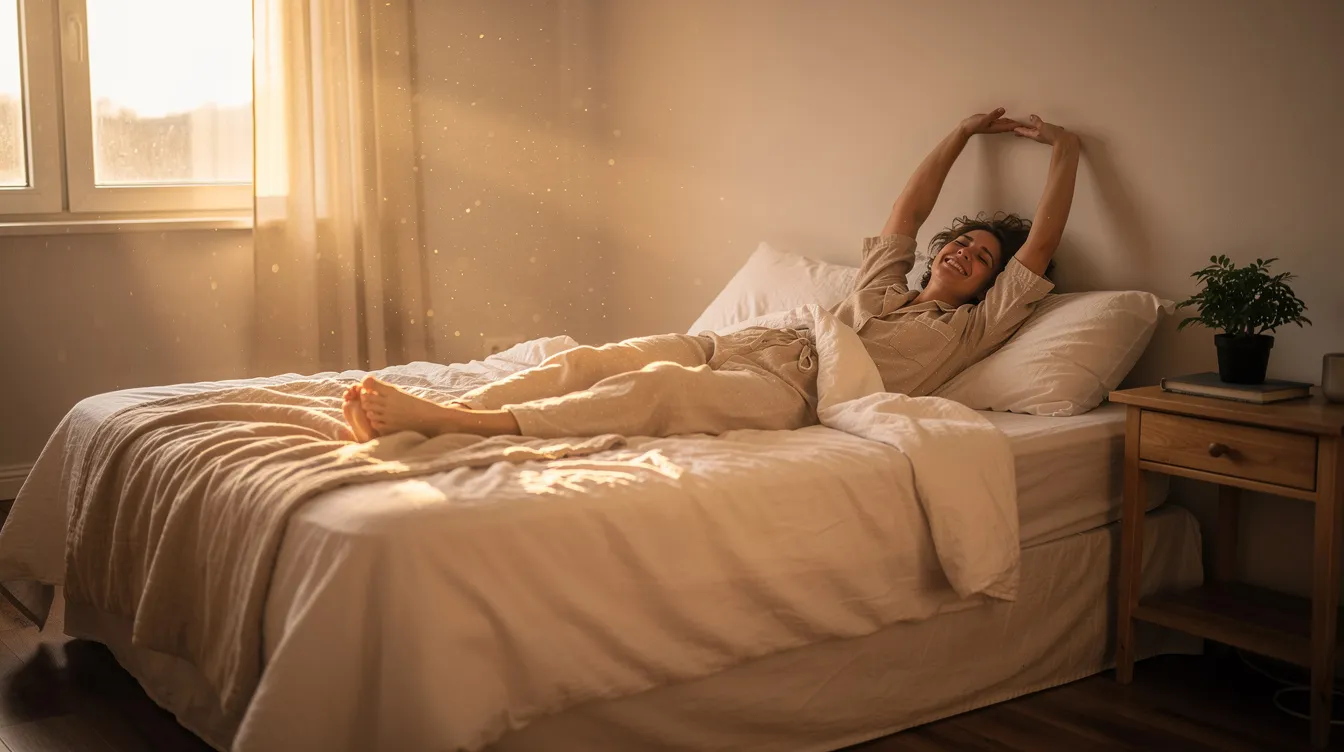 A person is stretching contentedly in bed as warm morning sunlight fills the room, creating a peaceful atmosphere that enhances their wake-up routine. The gentle light simulates a natural sunrise, promoting a gentler awakening and supporting the body&rsquo;s circadian rhythm.