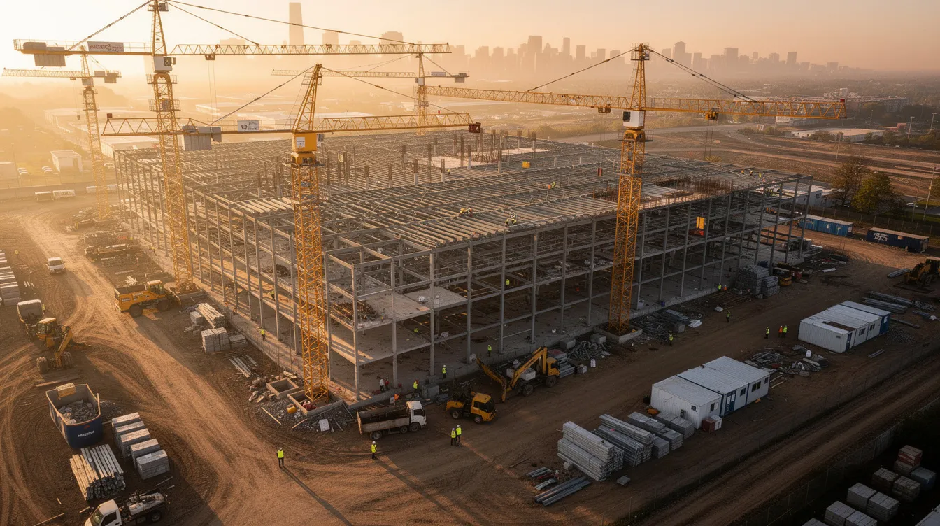 An expansive aerial view showcases a bustling commercial construction site, featuring towering cranes and intricate steel frameworks illuminated by the warm glow of the golden hour. This scene highlights the dynamic nature of the construction industry, emphasizing the importance of effective marketing strategies for construction companies to attract potential clients and enhance brand visibility.