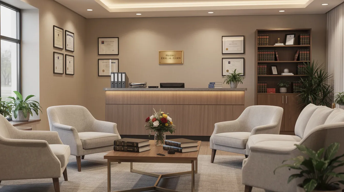 The image depicts a warm and inviting law office reception area, featuring comfortable seating and soft lighting, creating a welcoming atmosphere for clients seeking assistance from experienced personal injury attorneys. This space is designed to support injury victims, including those dealing with serious injuries from car accidents or slip and fall incidents, as they navigate their personal injury claims.