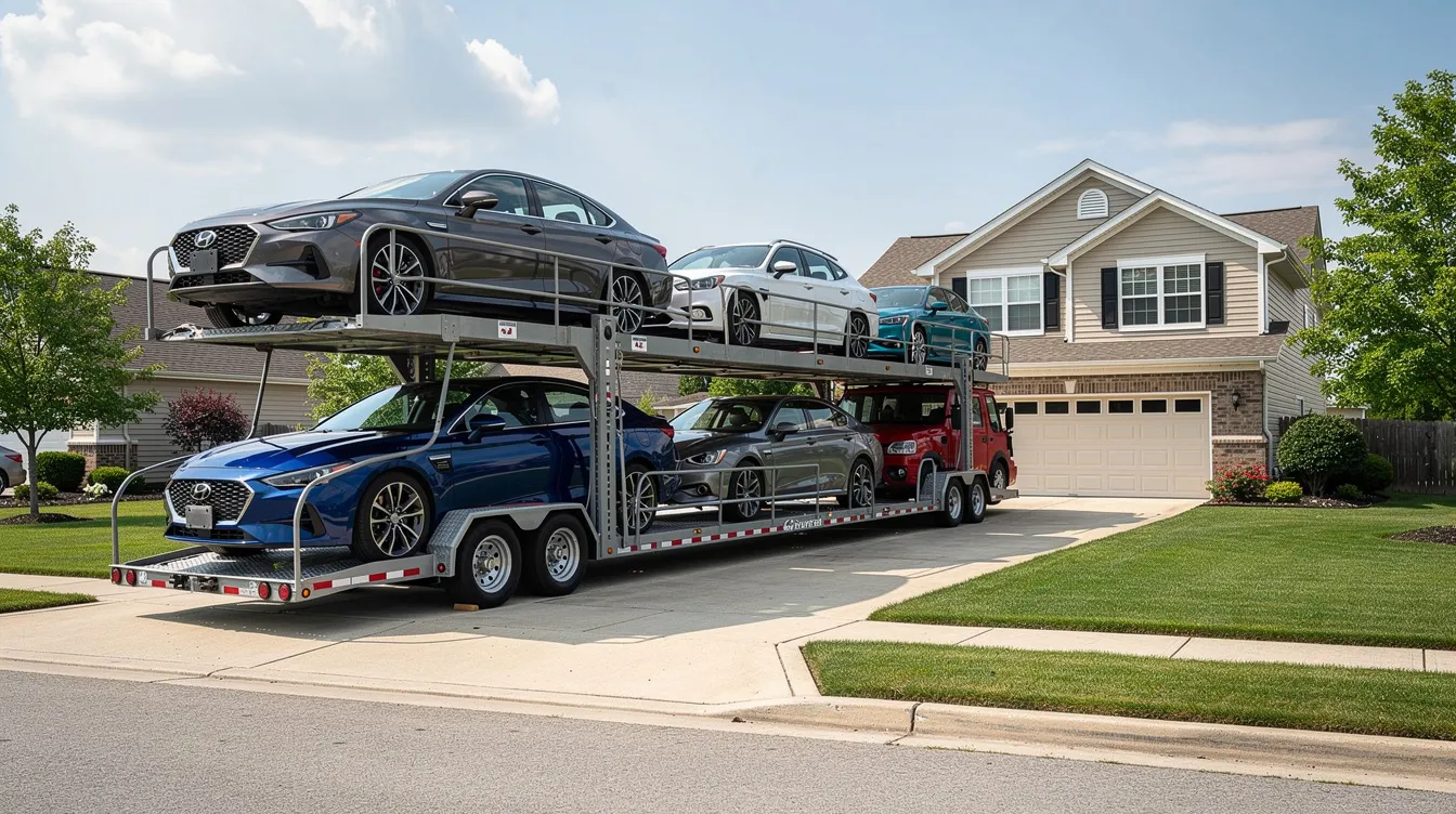 An open car carrier trailer is parked in a residential driveway, loaded with various sedans and SUVs ready for auto transport. This scene illustrates the vehicle transport process, showcasing the efficiency of car shipping services in Michigan.