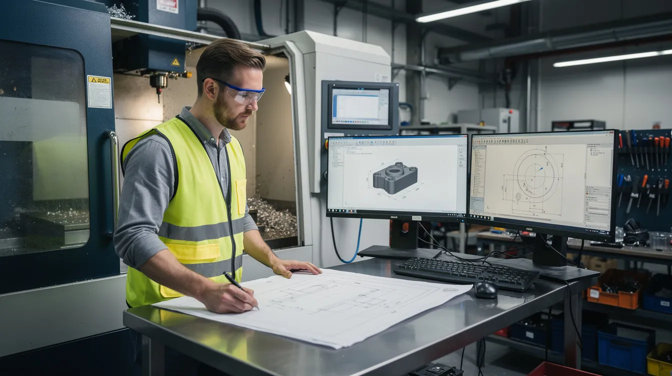 An engineer is examining technical drawings and a 3D model displayed on a computer screen, while a CNC machine is positioned nearby in a factory environment. This scene highlights the precision machining process involved in creating custom CNC machined parts.