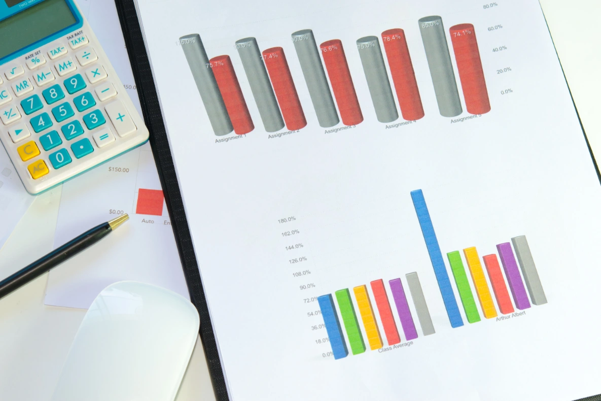 A desk with a calculator, pen, mouse, and a document featuring two bar charts, one with red and gray bars and another with colored bars.
