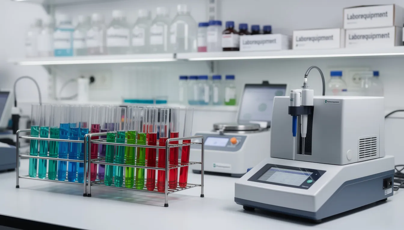 Das Bild zeigt ein modernes Labor mit verschiedenen Analysegeräten und Reagenzgläsern, die für die Untersuchung von bio Hanf und CBD Produkten verwendet werden. Im Hintergrund sind einige Hanfpflanzen und hochwertige CBD Öle sichtbar, die die Qualität und Vielfalt der angebotenen Produkte im CBD Shop verdeutlichen.