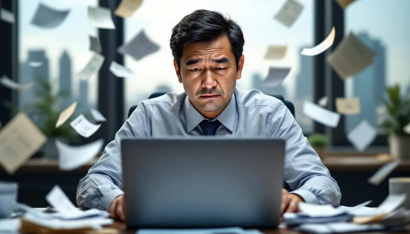 An Asian businessman appears stressed as he sits in front of a laptop, surrounded by flying receipts, symbolizing the chaotic nature of managing vendor relationships and the challenges of turning vendors into strategic partners. His expression reflects the pressure of ensuring customer experience and performance metrics in a demanding business environment.
