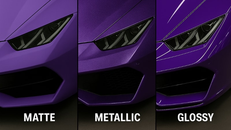 Lamborghini wrapped in different finishes of purple vinyl wrap