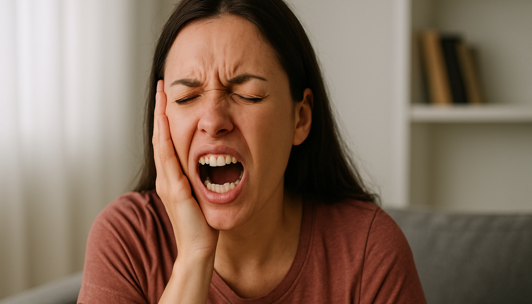 Kvinne med sterke tann- og kjevesmerter holder hånden mot ansiktet etter tanntrekking.