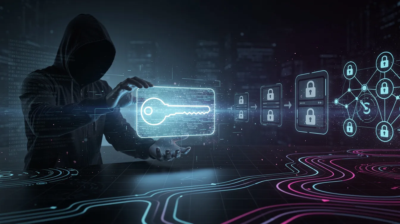 The illustration depicts a hacker manipulating a digital access token to impersonate a privileged user, showcasing a dark, futuristic cyber environment with glowing network paths. The system nodes transition from restricted access to complete control, highlighting the concept of privilege escalation attacks and the risks of unauthorized access in sensitive systems.