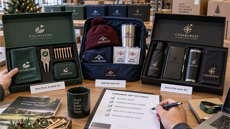 Corporate golf Christmas gift sets including practical player, winter golf, and executive samples under review