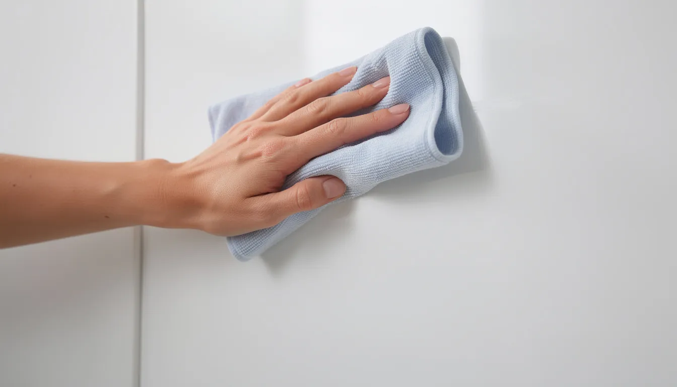 Een close-up van een hand die een wit wandpaneel schoonmaakt met een microvezeldoek, waarbij de glanzende afwerking van het paneel goed zichtbaar is. De hand lijkt zorgvuldig te werk te gaan om het wandpaneel in perfecte staat te houden, wat belangrijk is voor de uitstraling van verschillende ruimtes zoals de woonkamer of badkamer.