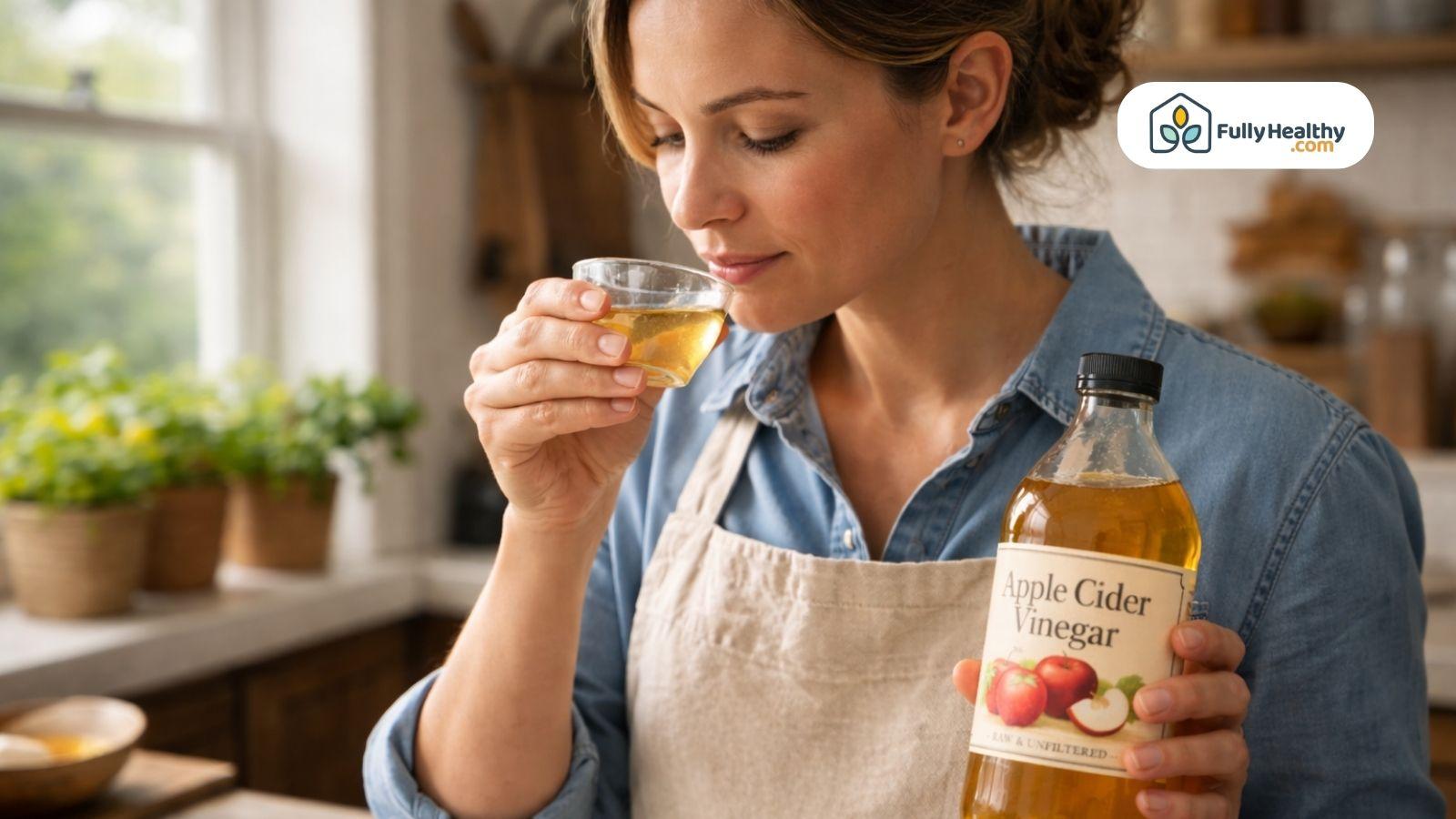 Woman smelling apple cider vinegar in kitchen checking freshness before use