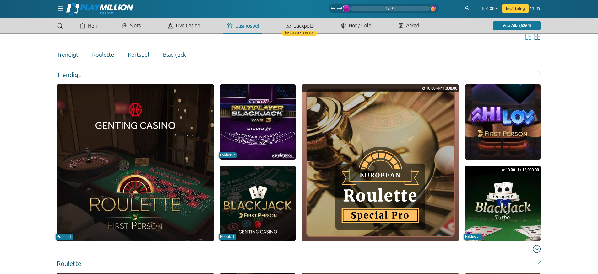PlayMillion Casino bordsspel med roulette, blackjack och kortspel inklusive European Roulette Special Pro och Multiplayer Blackjack.