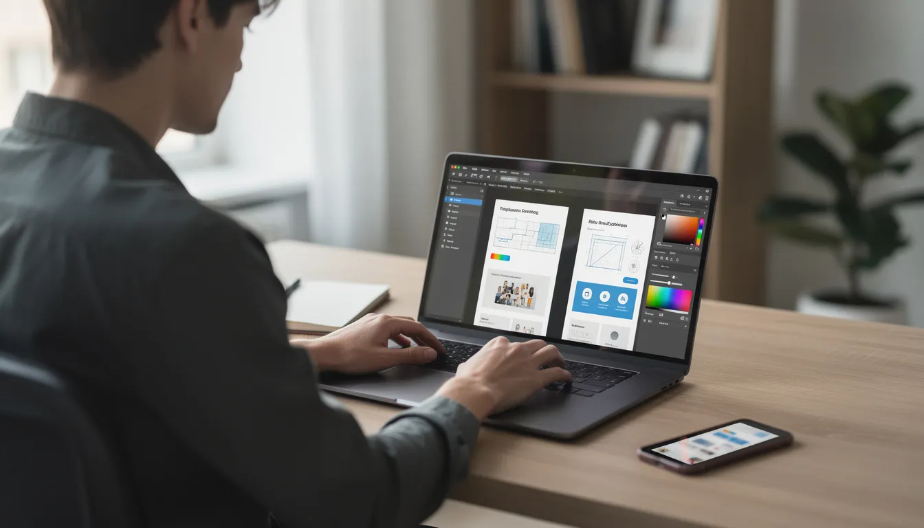 A person is focused on their laptop, utilizing design software to create website mockups, which highlights their journey toward a successful career change in web development. This image represents the new opportunities and challenges faced by job seekers in the evolving job market.