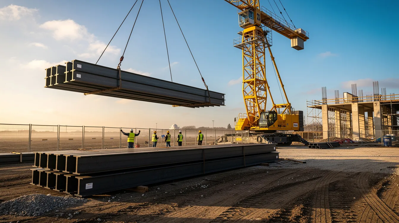 A crane is lifting large steel I-beams at an outdoor construction site, showcasing structural components essential for modern construction projects. These hot rolled steel beams are being positioned for precise finishing and alignment, highlighting their importance in various industries.