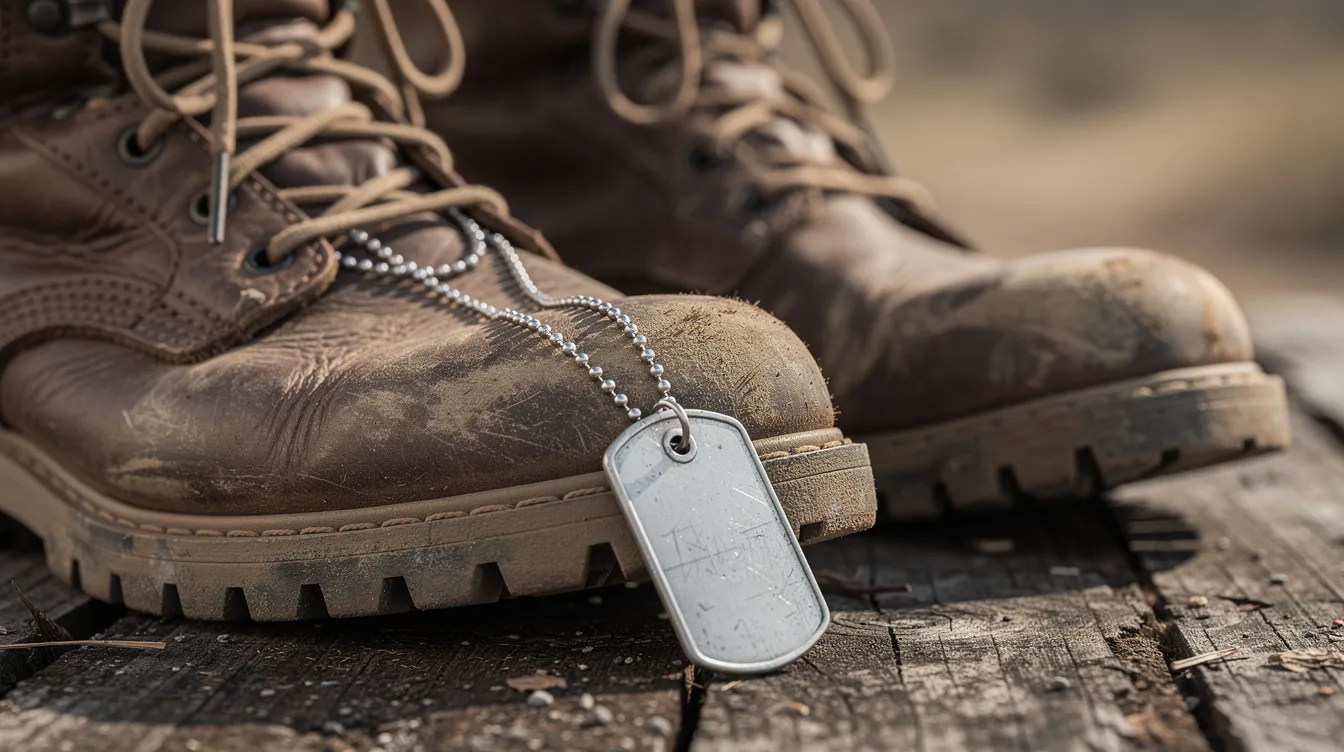 The image features a pair of worn military boots alongside dog tags, resting on a rustic wooden surface, symbolizing the unwavering commitment and honor of those who served in the United States Marine Corps during the Iraq conflict. This poignant scene reflects the journey and challenges faced by service members, emphasizing themes of duty and character.