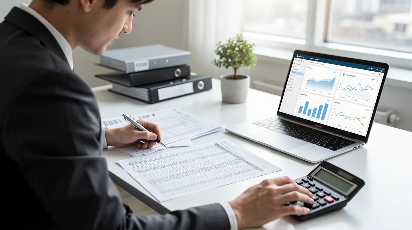 A person is seated at a desk, focused on reviewing financial documents with a calculator and a laptop in front of them. The scene suggests a detailed analysis of loan applications, possibly related to private loans or interest rates.