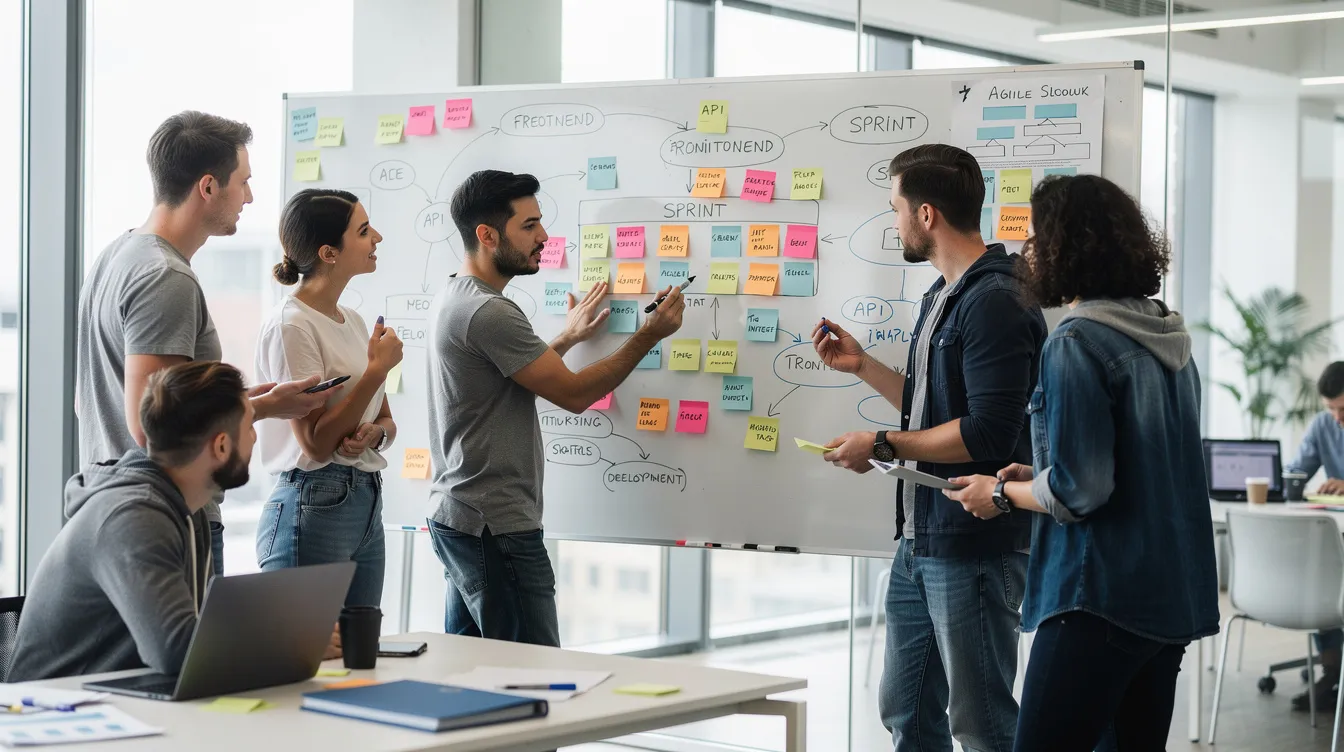 A diverse team of developers is gathered around a whiteboard, actively collaborating and discussing technical concepts for a software project, utilizing sticky notes to outline their ideas and tackle potential technical challenges. The scene captures their communication skills as they engage in a decision-making process to ensure a successful outcome for their AI project.