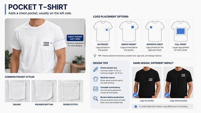 Pocket T-shirt styles and logo placement options on the pocket, chest, and full front