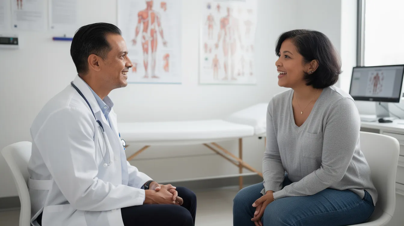 The image depicts a doctor engaging in a friendly conversation with a patient in a medical office, discussing topics related to hormone therapy and overall health. The warm atmosphere suggests a focus on patient care and individualized approaches to managing hormonal imbalances and menopause symptoms.