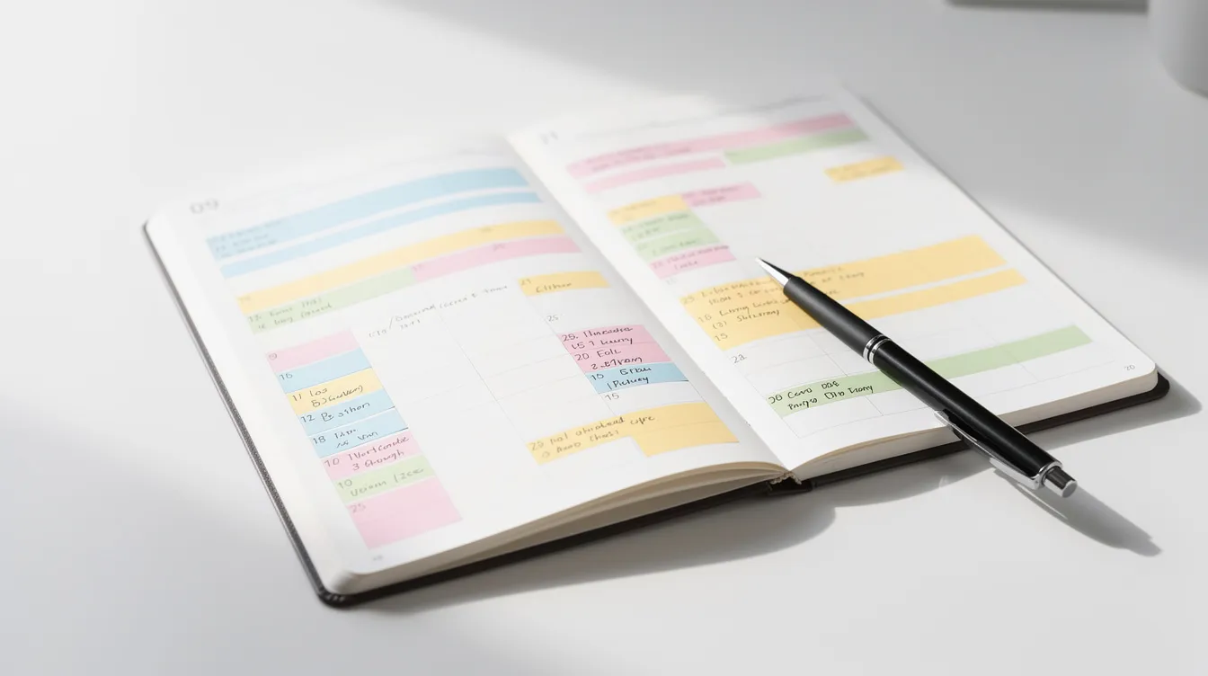 An open planner displays colorful time blocks organized for effective time management, with a pen resting on the page, ready for busy moms to jot down their daily tasks and appointments. This visual highlights the importance of planning and prioritizing to manage a busy schedule efficiently.
