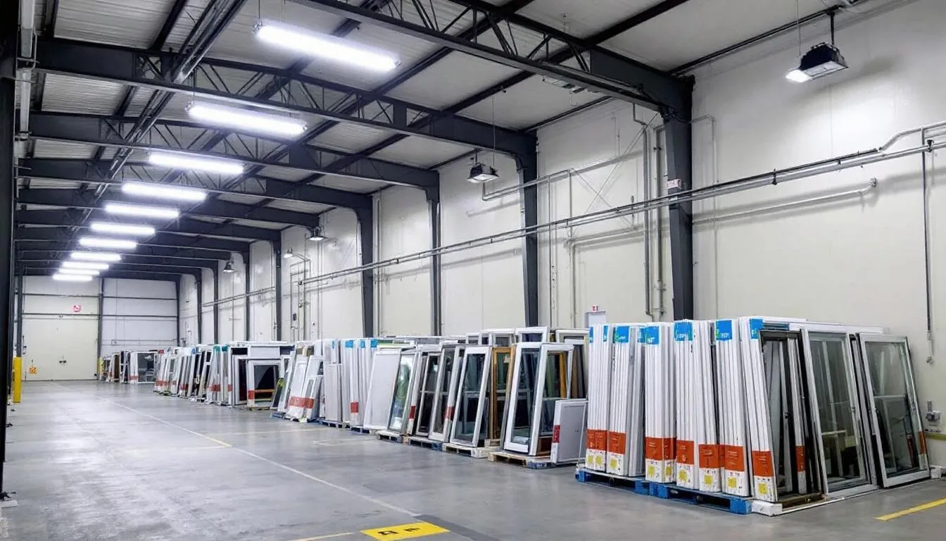 Een modern magazijn met een georganiseerde opslag van kozijnen, waaronder hoogwaardige aluminium kozijnen en nieuwe kunststof kozijnen, die voldoen aan de hoogste normen voor energie-efficiëntie en thermische isolatie. De ruimte straalt een moderne uitstraling uit en biedt een grote verscheidenheid aan producten, waaronder verschillende opties voor glas en afmetingen, ideaal voor bouwprojecten en renovaties.