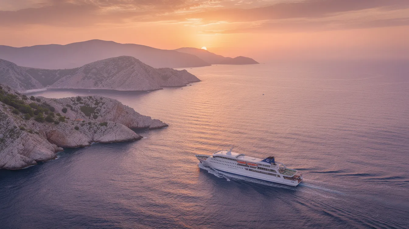 A imagem mostra um belo pôr do sol sobre o mar Adriático, com uma balsa navegando em direção ao horizonte, enquanto o céu exibe uma paleta de cores quentes. Ao fundo, é possível ver a silhueta de uma cidade croata, com a Igreja de São Marcos destacando-se entre os edifícios.