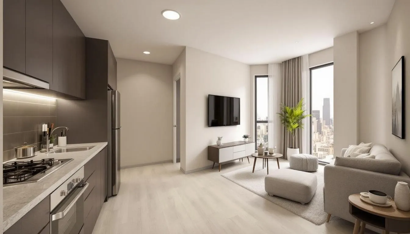 A spacious serviced apartment featuring a full kitchen and a separate living area, perfect for guests seeking the comforts of home during their stay. This accommodation provides ample living space, making it an ideal choice among various hotel room types.
